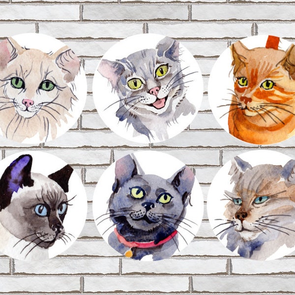 Set Of 6 Watercolor Cat Fridge Magnets or Pinback Button Pins or Scrapbook Flatbacks - Cute Cat Home Decor - Tabby Siamese Black Cat Persian