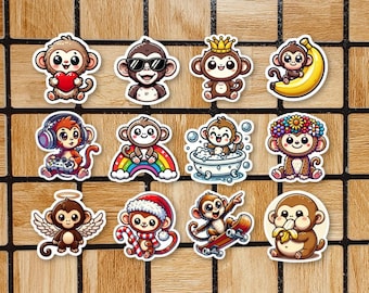 Set Of 12 Cute Monkey Stickers - Monkey Sticker Pack - 2" Size - Animal Sticker Pack - Monkey Gifts - Kawaii Monkey Decor - Laptop Stickers