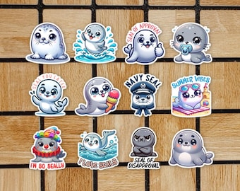 Set Of 12 Seal Stickers - 2" Die Cut Sticker Pack - Cute Laptop Stickers For Animal Lovers - Art Computer Decals - Seal Gifts - Seal Decor