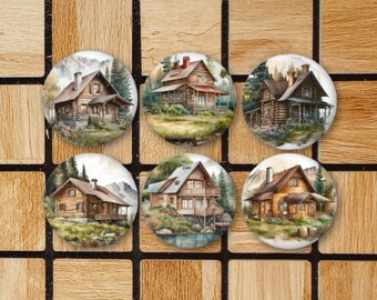 Set Of 6 Cabin Magnets or Pinback Button Pins - 1.25" - Lake Cabin Gifts - Log Cabin Decor - Cabin Artwork - Family Vacation Outdoor Scenery