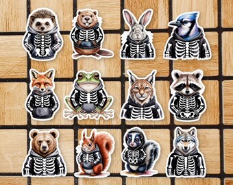 Set Of 12 Animals In Skeleton Hoodie Vinyl Stickers - 2" or 3" Die-Cut Vinyl Stickers - Waterproof Water Bottle Halloween Laptop Stickers