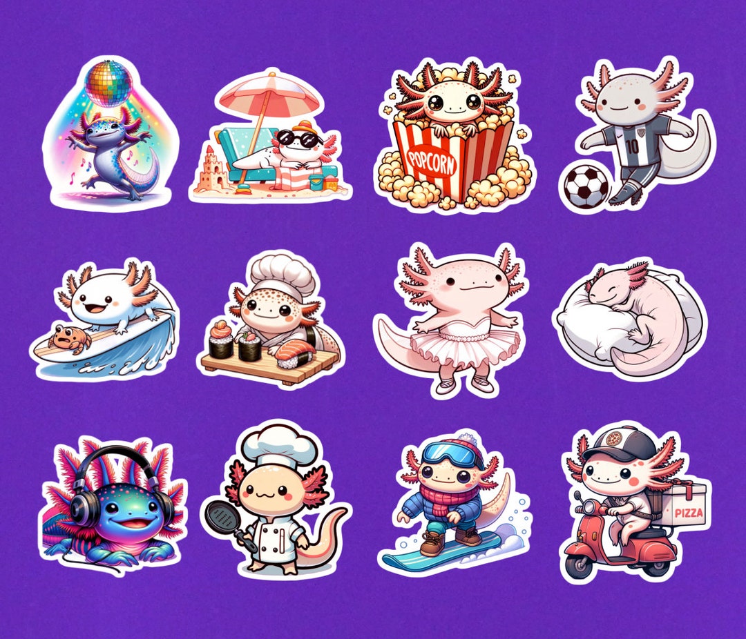 Axolotl Sticker Pack of 12 Cute Axolotl Stickers Axolotl Etsy
