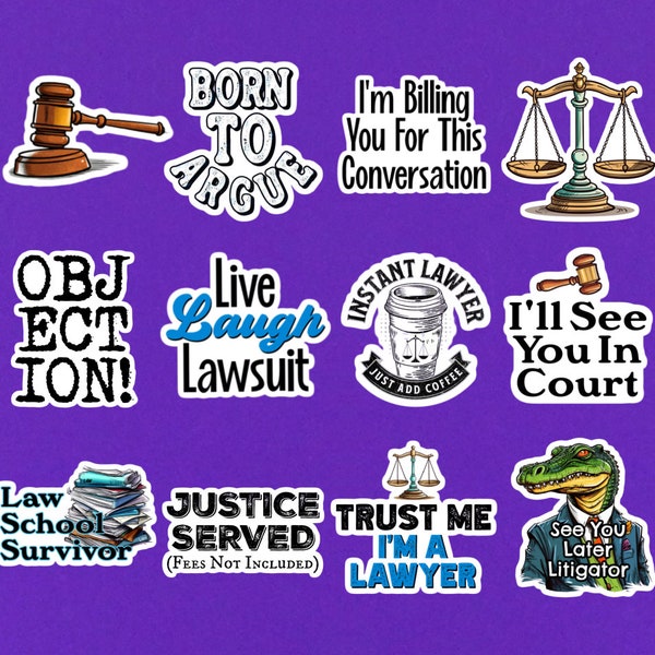 Set Of 12 Funny Lawyer Stickers - Assorted 2" Die Cut Sticker Pack - Lawyer Gift - Lawyer Sticker Pack - Laptop Stickers - Law Student Decal
