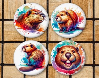 Set Of 4 Beaver Magnets or Pinback Buttons - 2.25" Size - Beaver Pin - Cute Beaver Gift - Nature Watercolor Animal - Beaver Decor Kitchen