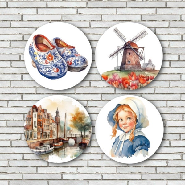 Set Of 4 Holland Theme Magnets or Pinback Button Pins - 2.25" - Dutch Gift - Netherlands Decor - Dutch Girl - Windmill Canals - Clogs Klomps