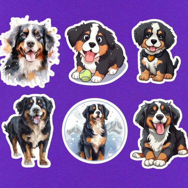 Set Of 6 Bernese Mountain Dog Stickers - Cute Dog Sticker Pack - Bernese Dog Owner Gift Mom Dad - Assorted Laptop Stickers - Animal Stickers