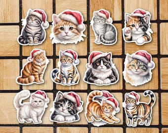 Set Of 12 Cute Christmas Cat Vinyl Stickers - Watercolor Christmas Sticker Pack - 2" Die Cut Laptop Stickers Winter Seasonal Holiday Animals