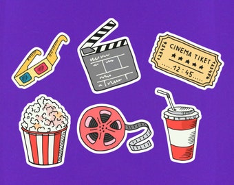 Movies Sticker Pack Set Of 6 Mini Stickers 2" On Their Longest Side Movie Lover Gift Film Clapper Popcorn Soda Pop Movie Ticket 3D Glasses