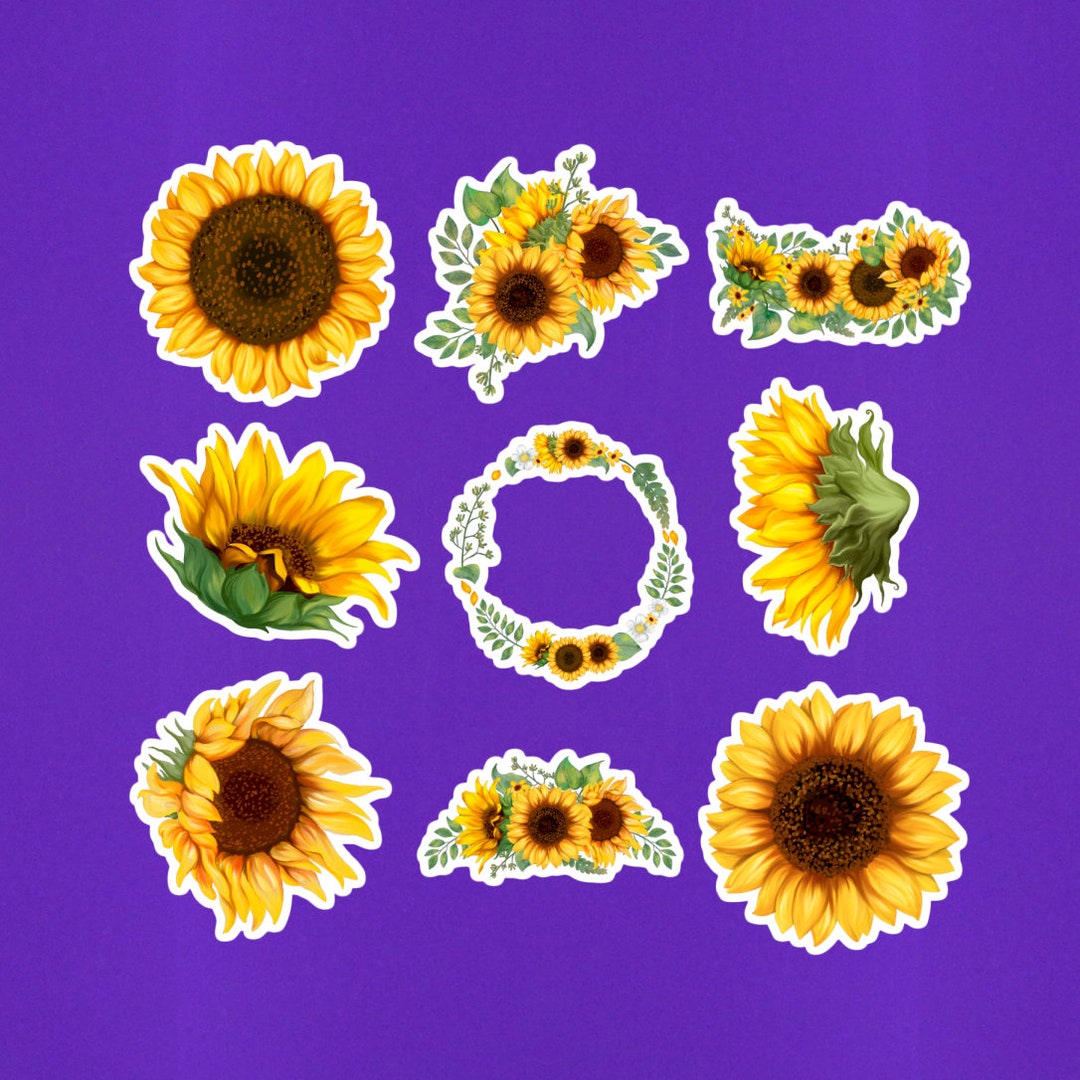 Set of 9 Sunflower Stickers Minis 2 on Their Longest Side Die Cut