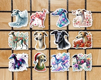 Set Of 12 Greyhound Stickers - Dog Vinyl Sticker Pack - 2" Die Cut Laptop Stickers - Greyhound Gifts For Dog Mom - Water Bottle Stickers