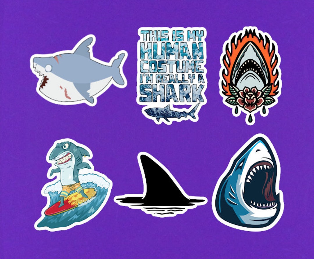 Set of 6 Sharks Stickers Shark Sticker Pack 3 Die Cut Laptop Stickers