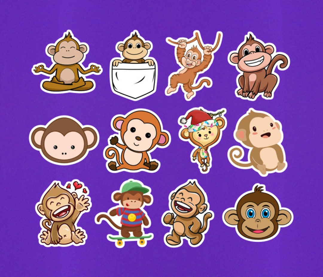 Set of 12 Cute Monkey Stickers / Monkey Sticker Pack / 2 Size / Animal ...