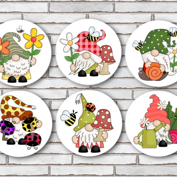Flower Gnome Fridge Magnets Or Pinback Button Pin or Flatbacks -  1.25" - Set Of 6 - Garden Gnome Decor - Gnome Gifts For Wife Girlfriend
