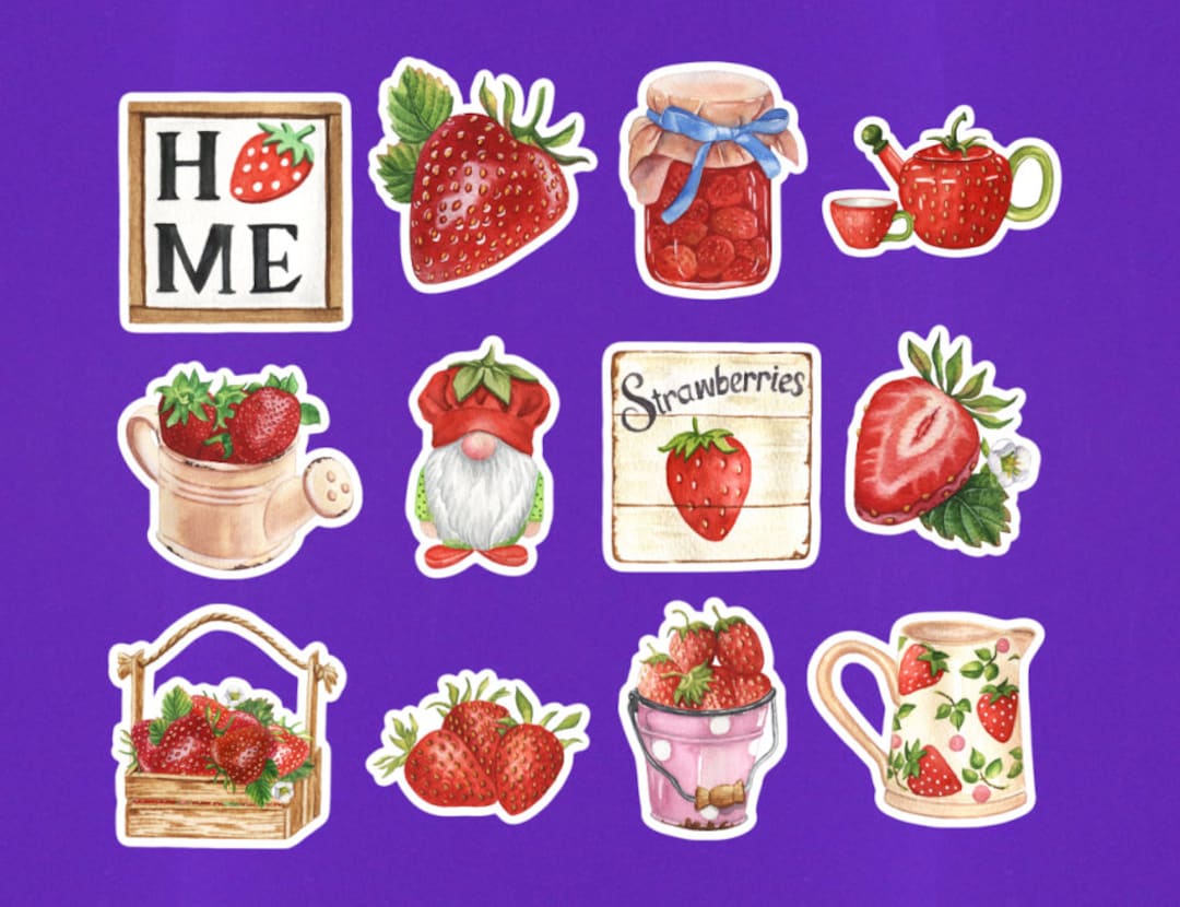 Set of 12 Cute Strawberry Stickers / Strawberry Sticker Pack 2 Size /  Strawberry Decor / Laptop Stickers Decal / Assorted Journal Stickers 