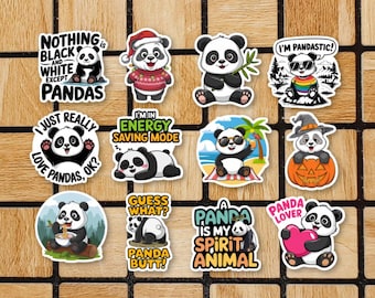 Set Of 12 Panda Stickers - Cute Panda Vinyl Sticker - Kawaii Laptop Stickers For Kids - Panda Gifts - Panda Lover Decor - Wildlife Decals