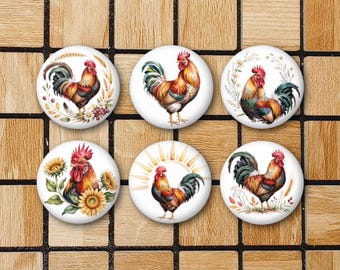 Set Of 6 Rooster Magnets Or Pinback Button Pin - 1.25" -  Watercolor Art Farmhouse Home Decor - Country Cottagecore Gifts Farm Animal Lovers