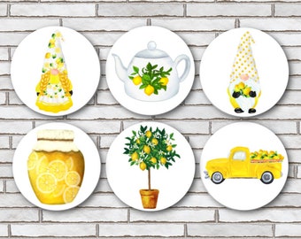 Lemon Lover Themed Fridge Magnets Or Pinback Buttons Or Scrapbook Flair Yellow White Kitchen Decor Kitchen Magnet Fruit Food Gnomes