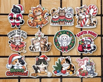 Set Of 12 Cute Christmas Cat Vinyl Stickers - Christmas Animal Sticker Pack - 2" Die Cut Waterproof Laptop Stickers Winter Seasonal Holiday