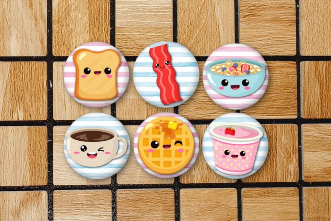 Set of 6 Breakfast Fridge Magnets or Pinback Button Pins - 1.25