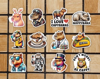 Capybara Sticker Pack Of 12 Cute Capybara Stickers Vinyl - Capybara Gifts For Kids - Rodent Animal - Small Mini Laptop Stickers Capybaras