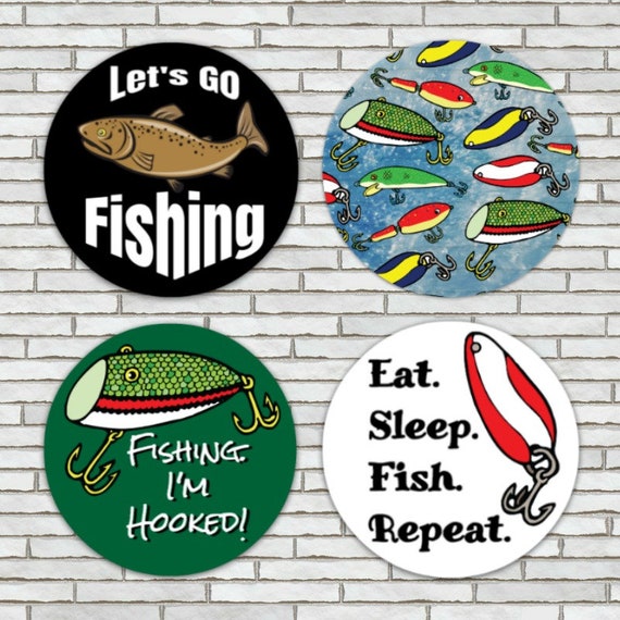 Set of 4 Funny Fishing Magnets or Pinback Buttons LARGE 2.25
