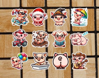 May include: A set of 12 pig stickers featuring various designs, including a pig wearing a Santa hat, a pig wearing a witch hat, a pig wearing sunglasses, a pig in a bath, a pig playing a guitar, and a pig sleeping. The stickers are all on a white background.