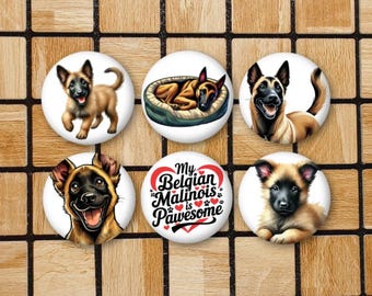 Set Of 6 Belgian Malinois Magnets Or Pinback Buttons - 1.25" Size - Gift For Dog Lovers - Belgian Malinois Decor Art - Belgian Malinois Pin