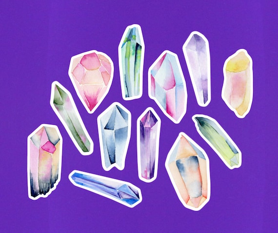 Set of 12 Crystal Stickers Watercolor 2 on the Longest Side / Crystal  Sticker Pack / Crystal Sticker Packs / Gem Stickers / Witch Stickers 