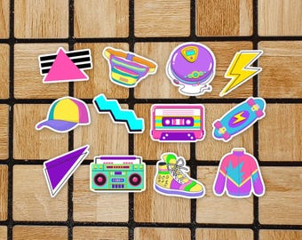 Set Of 12 Different 90's Themed Stickers Approx 2" Size Vintage Fashion Music Geometric Pattern Gift For 90s Kid Sticker Pack For Laptop