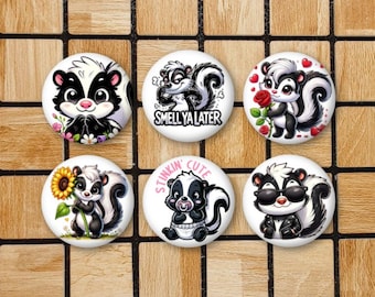 Set Of 6 Skunk Magnets Or Pinback Button Pins - 1.25" Size - Kawaii Skunk Decor - Skunk Gifts For Skunk Lover - Cute Animal Magnet Set