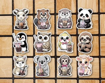 Set Of 12 Boba Tea Stickers -  Cute Kawaii Animal Sticker Pack - 2" Die Cut Waterproof Laptop Sticker Water Bottle - Boba Tea Lover Gifts