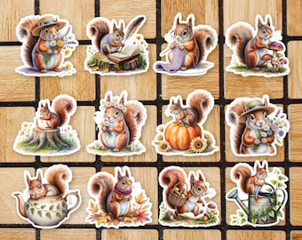 Set Of 12 Cottagecore Squirrel Stickers - 2" Vinyl Sticker Pick - Squirrel Laptop Stickers Decals - Cute Animal Stickers - Squirrel Gift