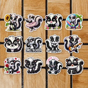 May include: A set of 10 stickers featuring cute cartoon skunks in various poses and with different sayings. The stickers are printed on white backgrounds and have a glossy finish.