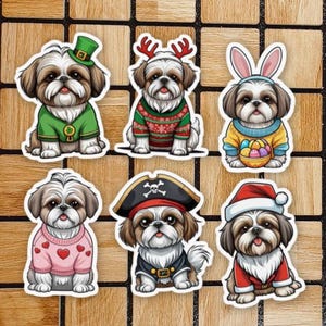 Set Of 6 Holiday Shih Tzu Stickers Vinyl - 2" or 3" Die Cut Sticker Pack - Cute Animal Laptop Stickers - Shih Tzu Gifts - Dog Computer Decal