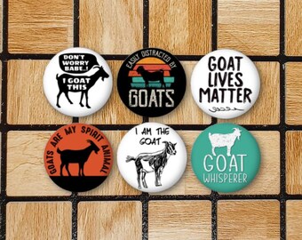 Goat Fridge Magnets  Pinback Button Pins or Scrapbook Flair 1.25" Set Of 6 Cute Goat Home Decor Goat Lover Gifts Unique Goat Gift Farmcore