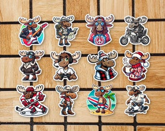 Set Of 12 Moose Stickers - Cute Sticker Pack - Funny Moose Gifts - Forest Animal Laptop Stickers - Waterproof Stickers For Boys Girls Kids