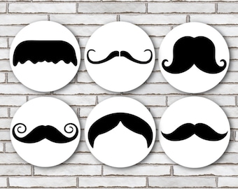 Set Of 6 Mustache Magnets Or Pinback Button Pin Badge - 1.25" Size - Mustache Gifts For Men For Movember - Mustache Party Favors or Decor