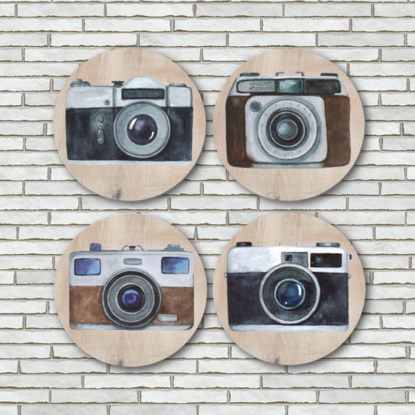 Vintage Camera Magnets Or Pinback Buttons Pin / Set Of 4 / 2.25" Size / Retro Photography Decor Decorations For Kitchen / Photographer Gifts