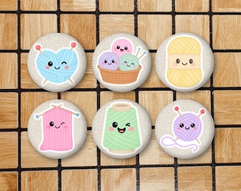 Set Of 6 Cute Kawaii Knitting Fridge Magnets or Pinback Button Pins - 1.25" Size - Knitting Gifts - Knitter Gift - Sewing Room Decor Crochet