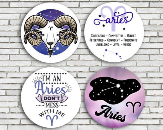 Aries Fridge Magnets / Aries Pins Buttons / Set Of 4 / 2.25" Size / Zodiac Fridge Magnets Pins / Aries Gift Set / Astrology Gifts Aries