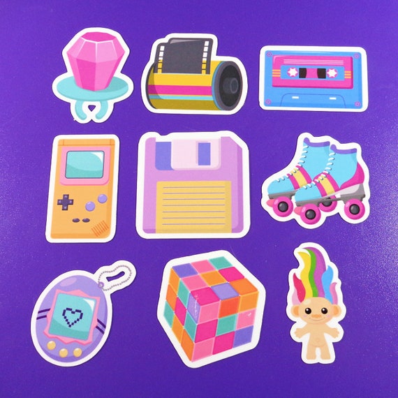 Set of 9 Different 90's Themed Stickers Approx 2 on Longest Side