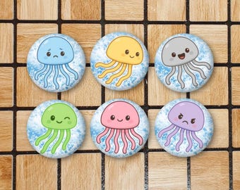 Set Of 6 Jellyfish Fridge Magnets or Jellyfish Pin Buttons - Jellyfish Gifts - Jellyfish Decor - Sea Life Ocean Art - Cute Kawaii Animal
