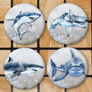 Set Of 4 Shark Magnets Or Pinback Buttons Pin - LARGE 2.25" Size - Watercolor Shark Art - Shark Decor Kitchen - Shark Gifts For Shark Lover