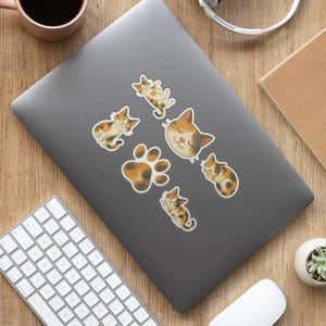 Paquete de 6 pegatinas de gatos calico en acuarela - Tamaño de 2" o 3" - Regalos para amantes de los gatos calico - Pegatinas de vinilo de animales para portátil imagen 2