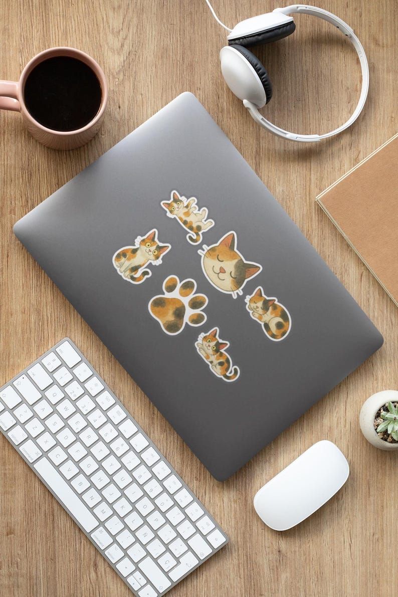 Paquete de 6 pegatinas de gatos calico en acuarela - Tamaño de 2" o 3" - Regalos para amantes de los gatos calico - Pegatinas de vinilo de animales para portátil imagen 2