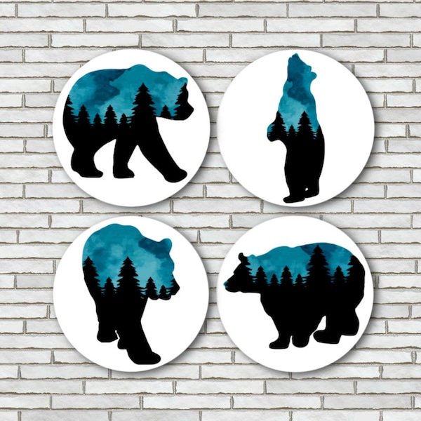 Watercolor Forest Bear Magnets Or Pinback Button Pins Set Of 4 LARGE 2.25" Size Bear Themed Gift For Anyone Who Loves Bears Teal Black White