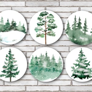Set Of 6 Watercolor Forest Tree Fridge Magnets or Pinback Button Pins 1.25" Wildlife Trees Snow Watercolor Art White Minimalist Magnets