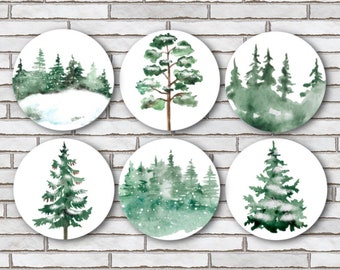 Set Of 6 Watercolor Forest Tree Fridge Magnets or Pinback Button Pins 1.25" Wildlife Trees Snow Watercolor Art White Minimalist Magnets