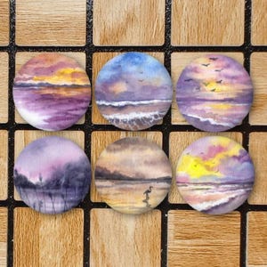 Set Of 6 Watercolor Art Ocean Fridge Magnets or Pinback Button Pins 1.25" Size Water Waves Sunset Beach Ocean Lover Gift Coastal Home Decor