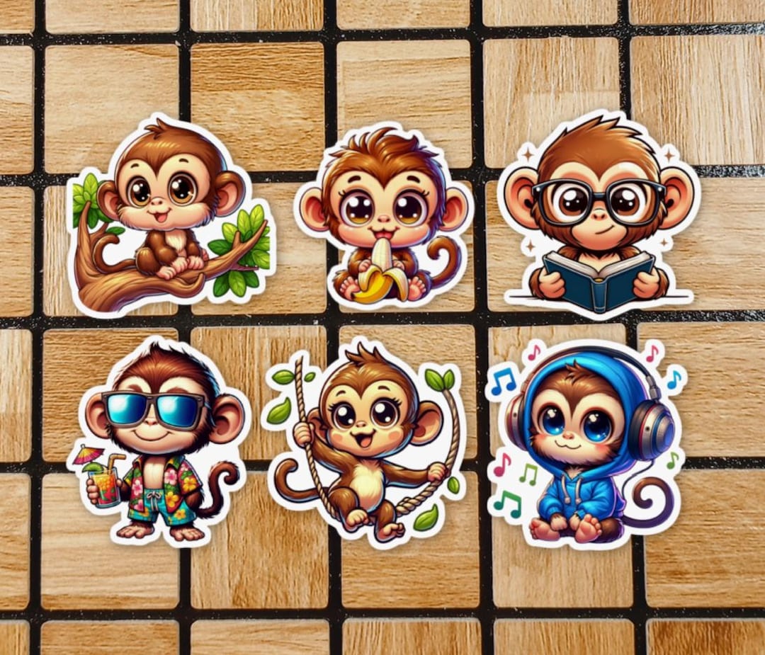 Set of 6 Cute Monkey Stickers - Monkey Sticker Pack - 2" Size - Animal ...